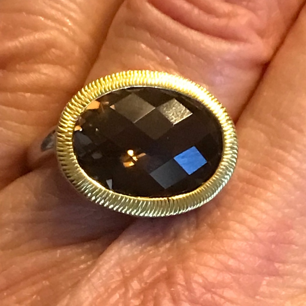 East West Smoky Topaz Sterling Silver Ring with Gold Accents Sz 6.5